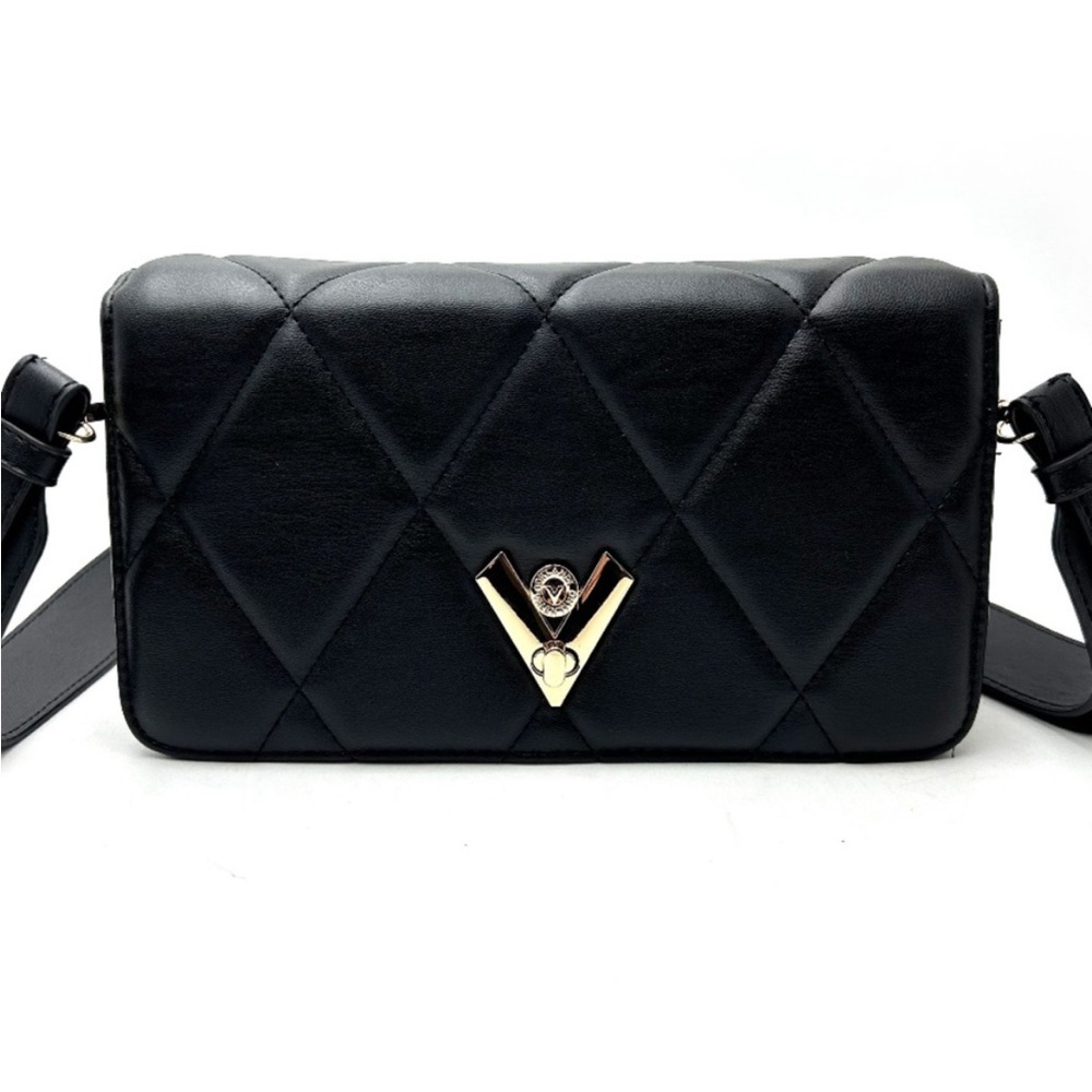 2pcs Valentino Orlandi Black Quilted Crossbody Bag + Matching Wallet Set
